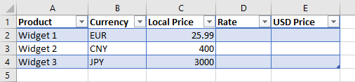 Excel exchange rate example