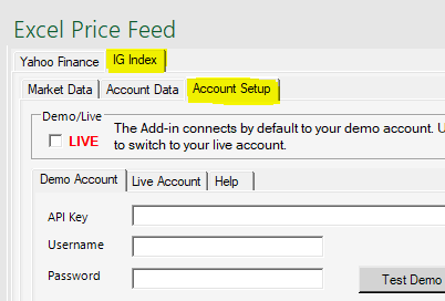 Excel Price Feed IG Index Account Setup tab