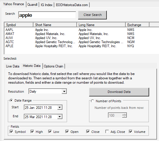 Yahoo Finance Historical Data Download to Excel Screen