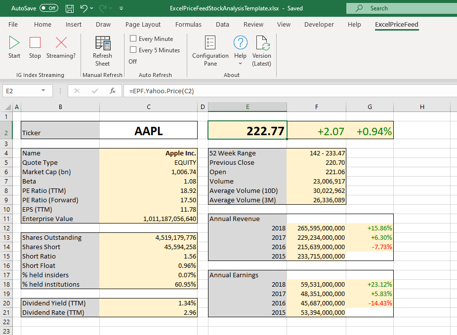 Excel spreadsheet with live financial fundamental stock data