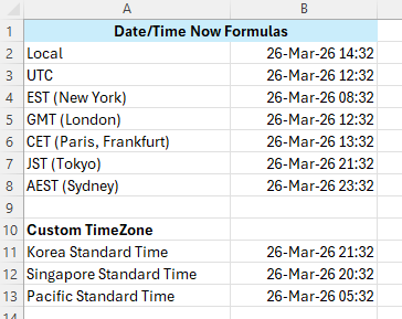 Date Time Formulas example Excel spreadsheet
