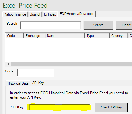 Excel Price Feed Enter EOD Historic Data API Key