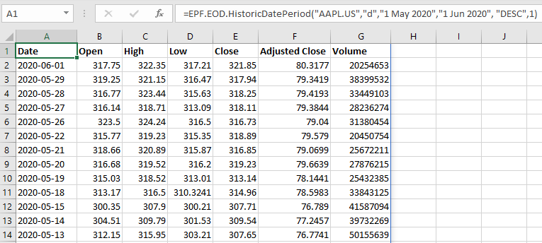 EODHistoricData.com Historical price data in Excel for Apple stock using an array formula