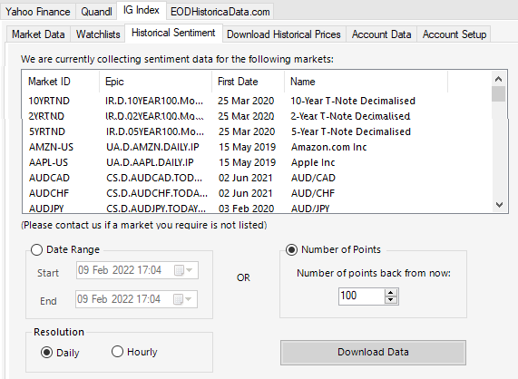 IG Index Historical Client Sentiment Data Download to Excel Screen