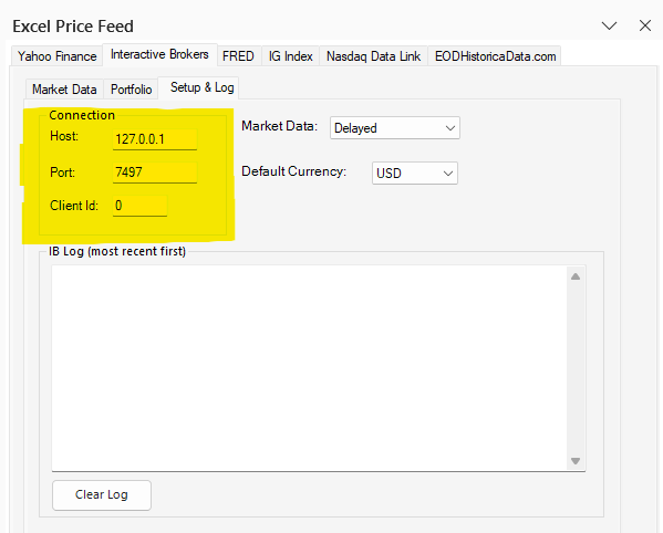 The Excel Price Feed Interactive Brokers setup screen