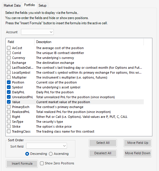 The Excel Price Feed Interactive Brokers portfolio setup screen