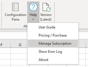 Manage Excel Price Feed subscription menu option