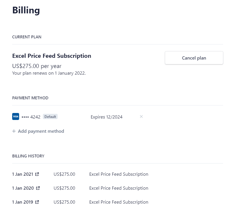 Excel Price Feed subscription dashboard