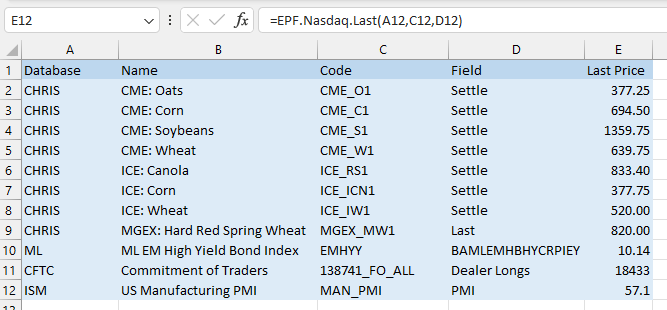 Excel Nasdaq Data Link CME ICE GMEX commodities example
