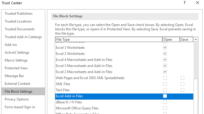 Excel Trust Center File Block Settings