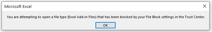 Excel add-in file type blocked by trust center